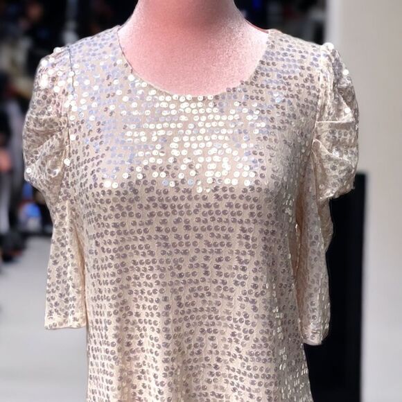 EXPRESS NWT WOMENS MEDIUM SEQUIN EMBELLISHED TOP BLOUSE RUFFLE SLEEVES - Picture 3 of 7